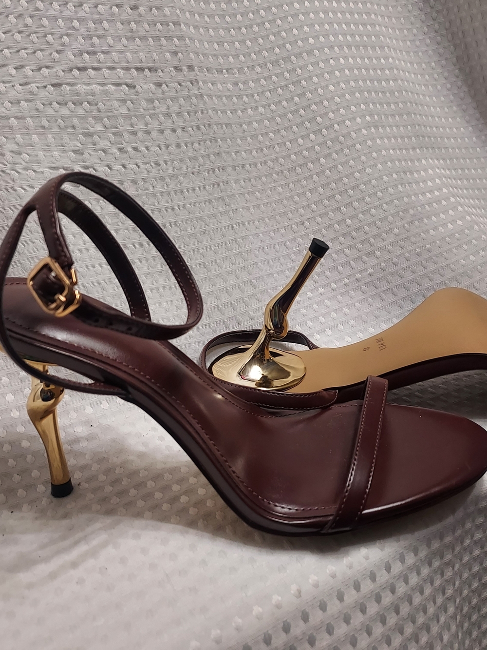 JW PEI Burgamdy Strappy Heels with Gold Sculpted Heel